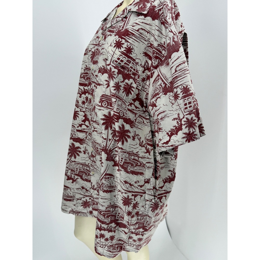 Vintage Go Barefoot Woodie Wagon Surf Mobile Hawaiian Shirt 2XL Tall Burgundy - Picture 4 of 13